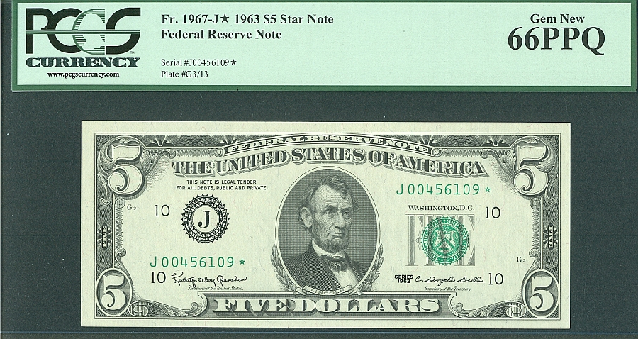 Fr.1967-J, 1963 $5 Kansas City Star Note, Gem, PCGS66-PPQ